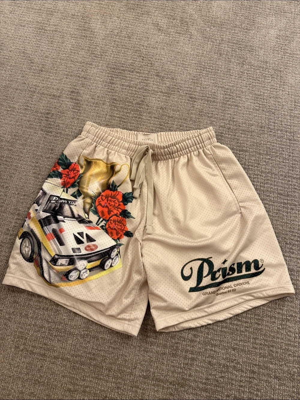 PacSun Cream Athletic Shorts with Red Floral and Multicolor Car Graphic